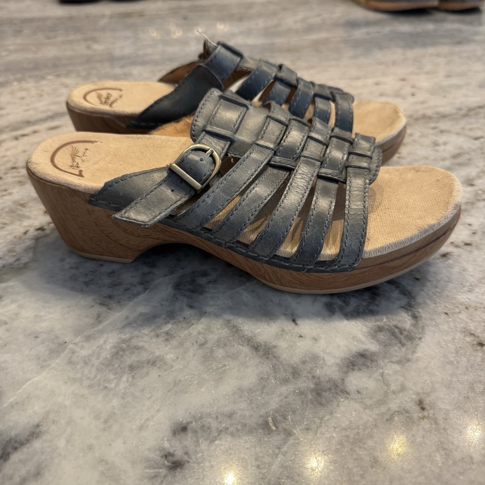Dansko Sz 39 US 9 Marion Wedge Blue Gray Leather Slide Platform Sandal Fisherman